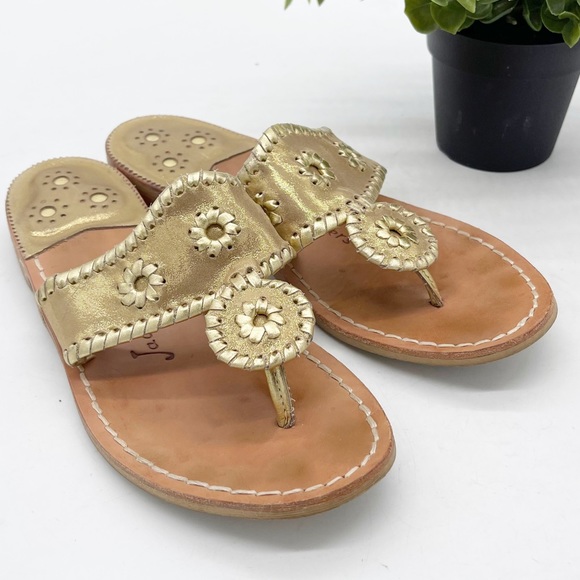 JACK ROGERS Jacks Flat Gold Leather Whipstitch Thong Sandals - Picture 2 of 11
